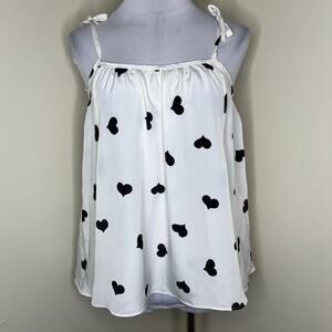Urban Outfitters Babydoll Tank Top XS White Black Heart Print Tie Straps Cami UO